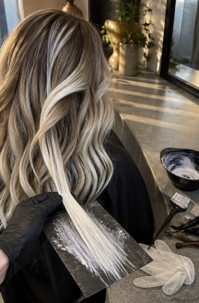 Dark bronde roots blend into hand-painted icy platinum ribbons on long hair