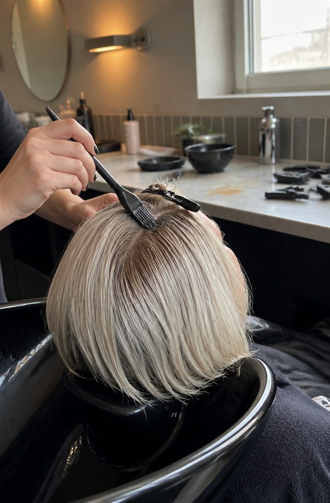 Icy platinum bob with a soft darker shadow at the roots