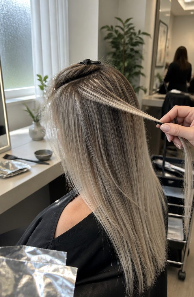 Medium brown hair with fine icy platinum babylights around the face