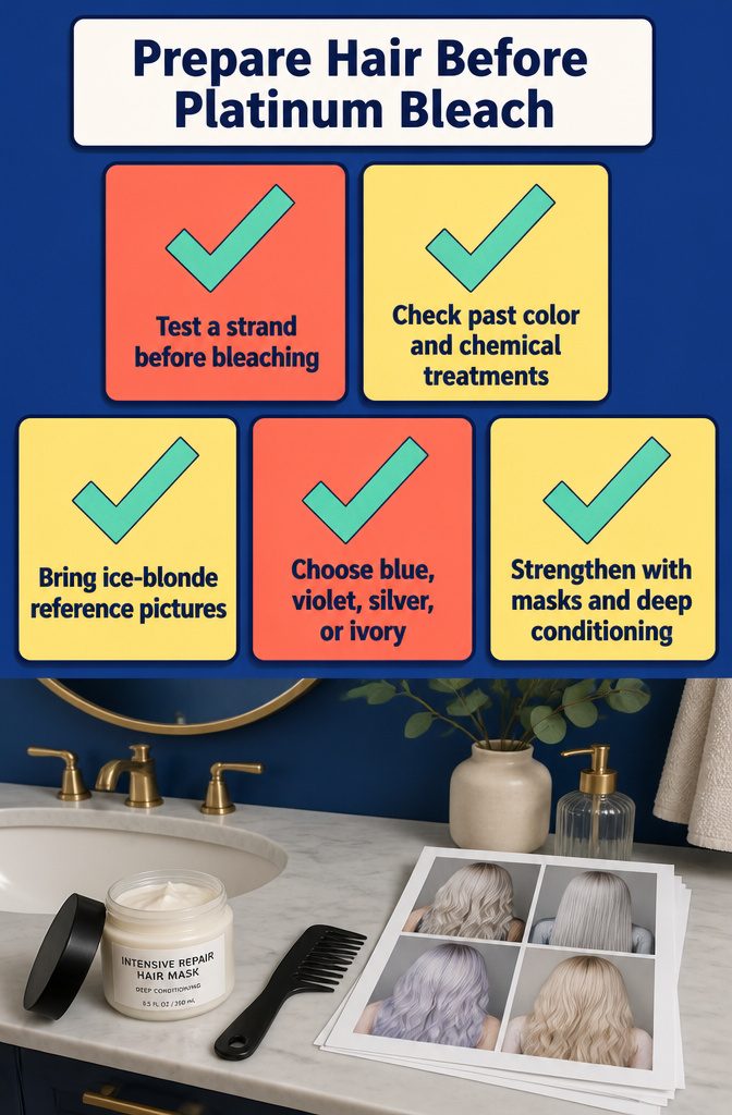 Hair bleach preparation with a strand test and color reference pictures