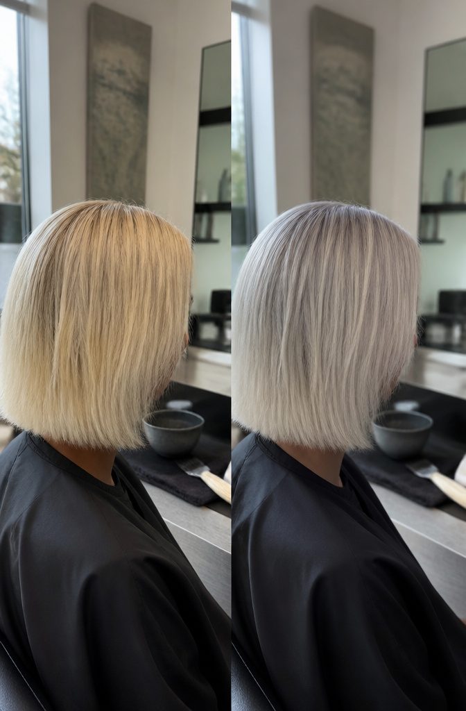 Silver and white blonde hair showing gray and ivory tones