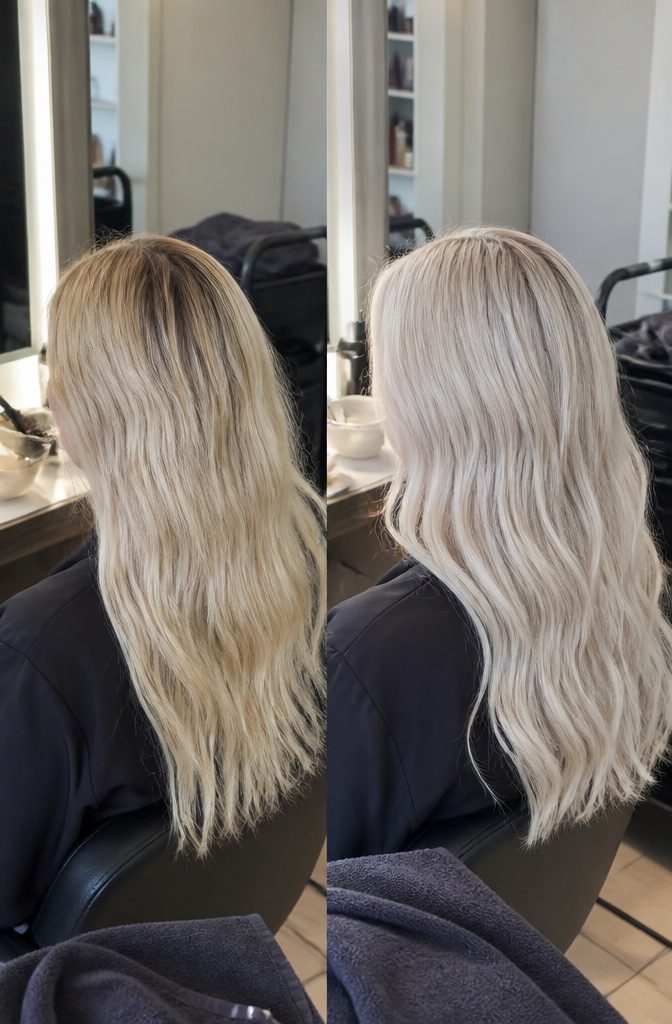 Icy platinum blonde hair with cool silver and white tones
