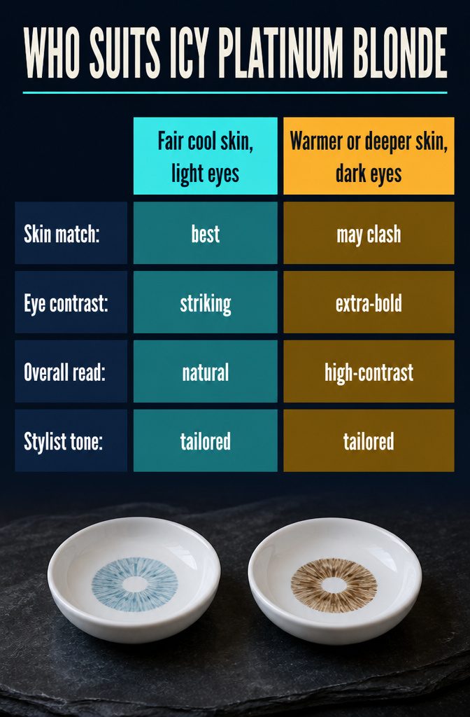 Icy platinum blonde hair beside fair skin and light-colored eyes