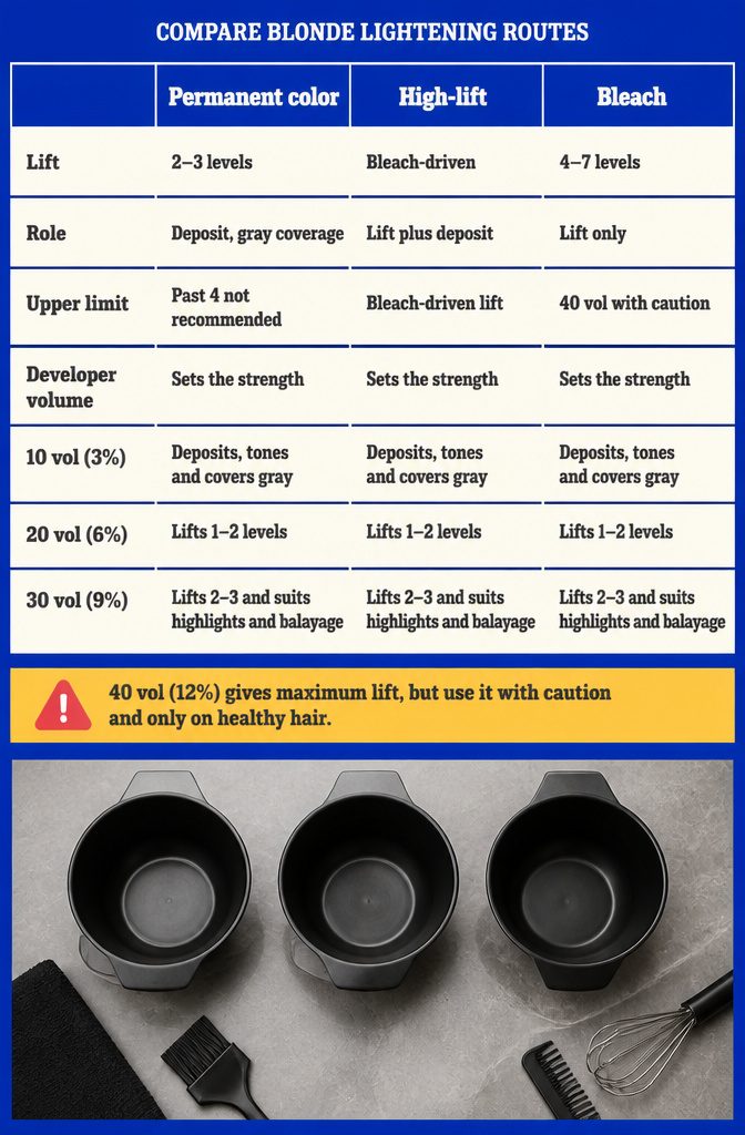 Beauty graphic comparing permanent color high-lift color and bleach