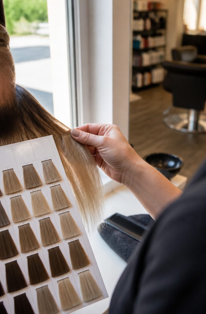 Medium blonde hair held against a color chart swatch in daylight