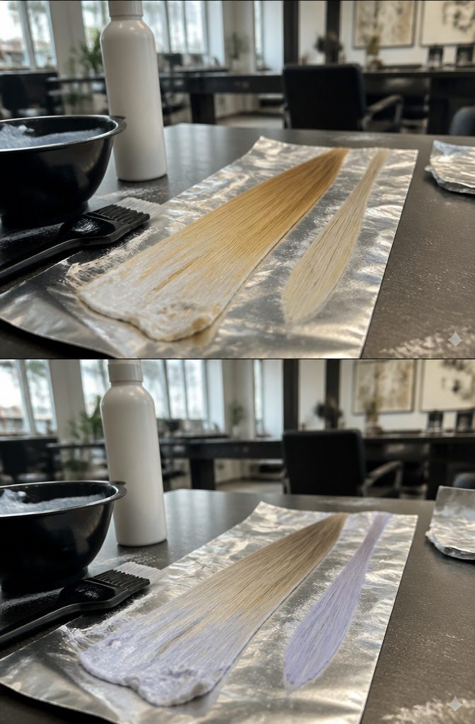 Blonde hair illustrating a lightening process with bleach