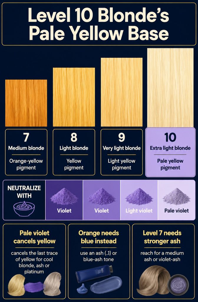 Chart listing blonde levels with underlying pigments and neutralizing tones