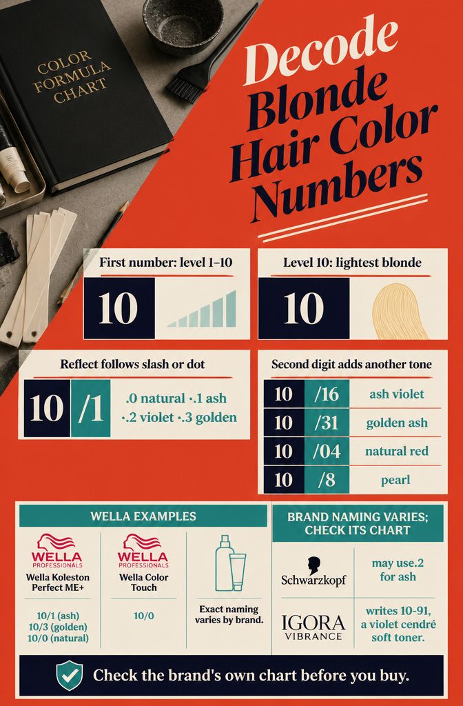 Beauty graphic showing blonde hair color codes and their number meanings