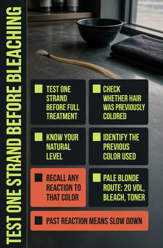 Beauty graphic about testing one hair strand before bleaching