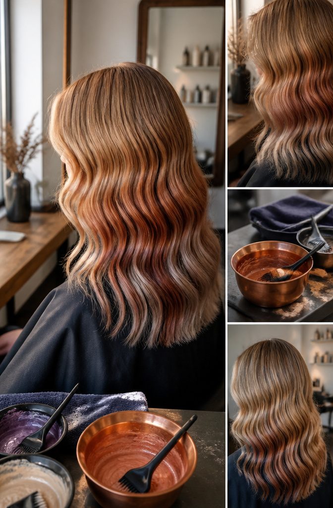 Dark blonde hair swatches showing ash copper and red level 6 tones