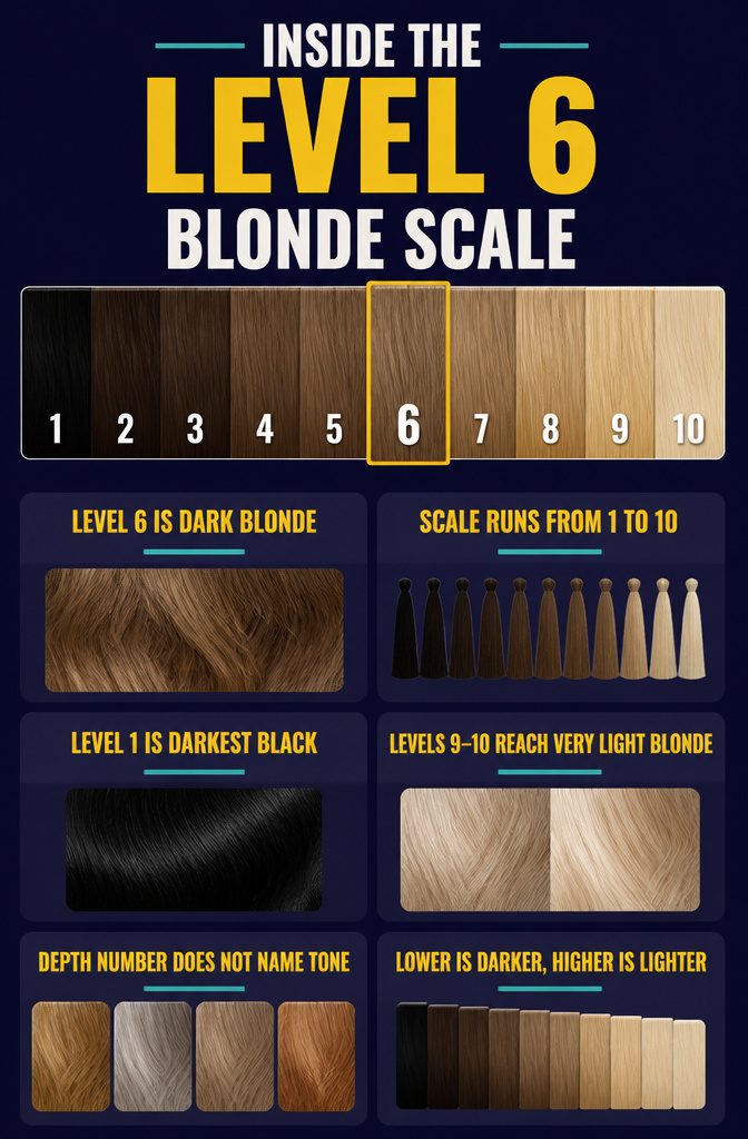 Hair color scale with level 6 between dark brunette and light blonde swatches