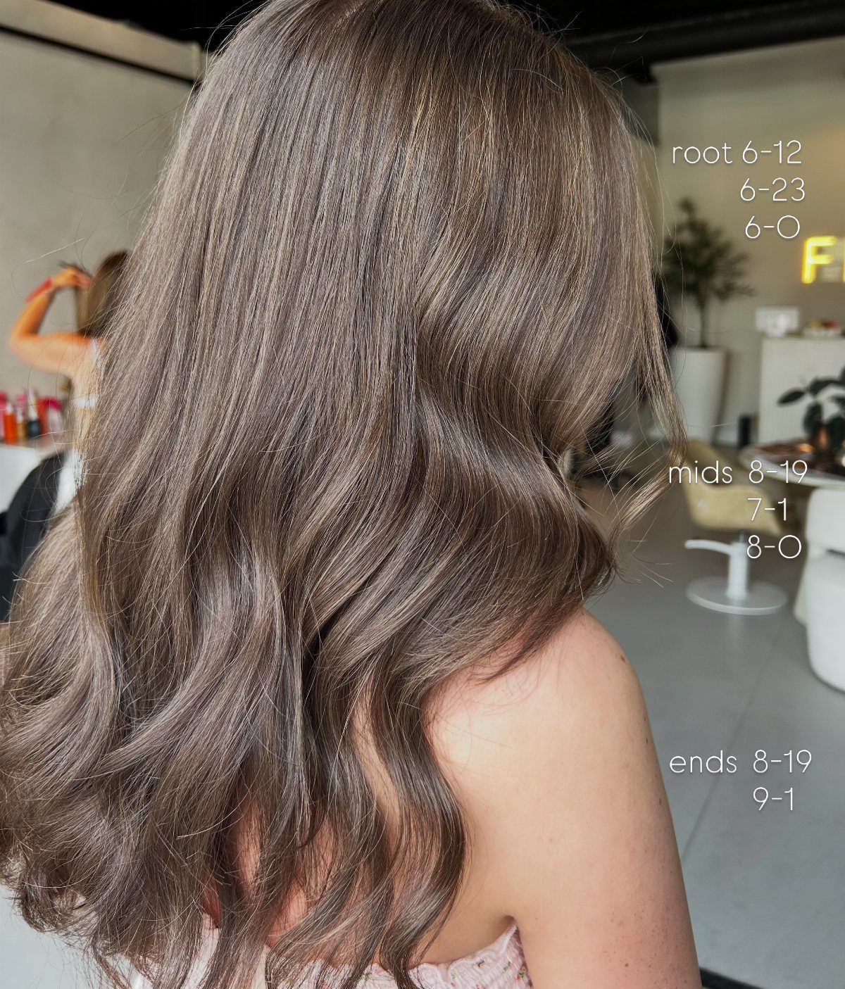 Long wavy ash-brown hair with cool highlights shown from the back
