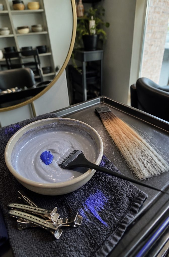 Blue additive mixed into ash blonde cream beside orange and ash swatches
