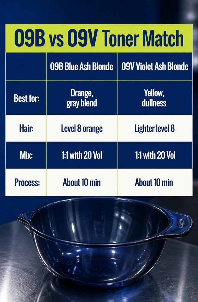 09B Blue Ash Blonde and 09V Violet Ash Blonde toner comparison