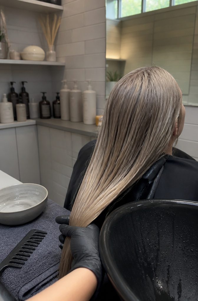 Damp blonde hair over a dark salon cape beside shampoo conditioner towel and comb