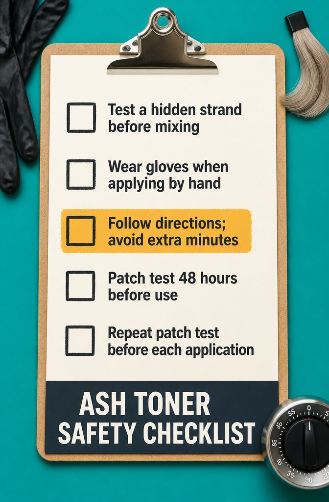 Ash toner safety checklist with strand test gloves and patch test
