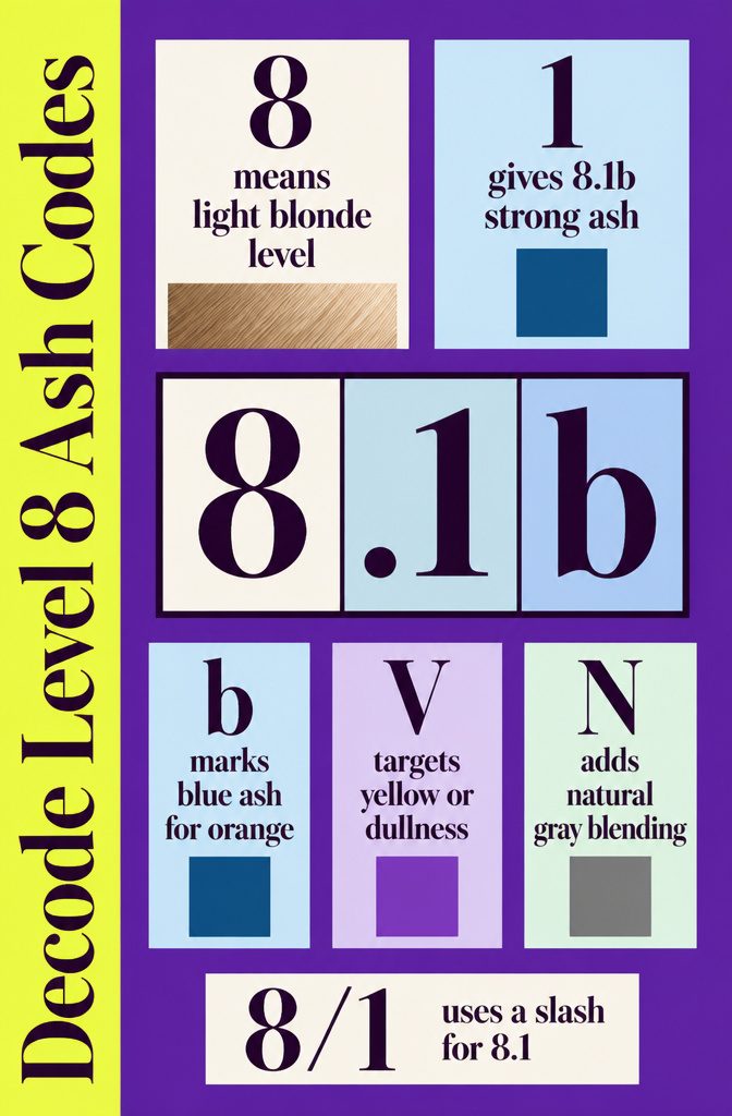 Shade code guide explaining level 8 ash blue violet and natural markings