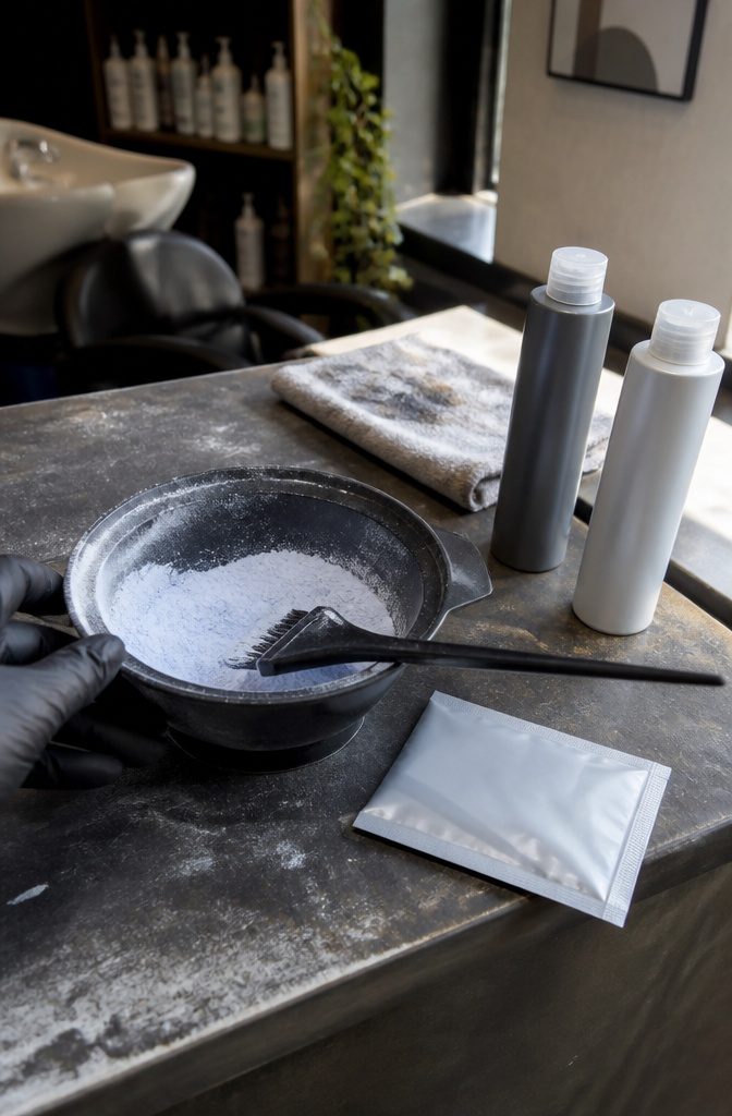 Lightener powder packet and tint brush bowl beside two treatment bottles