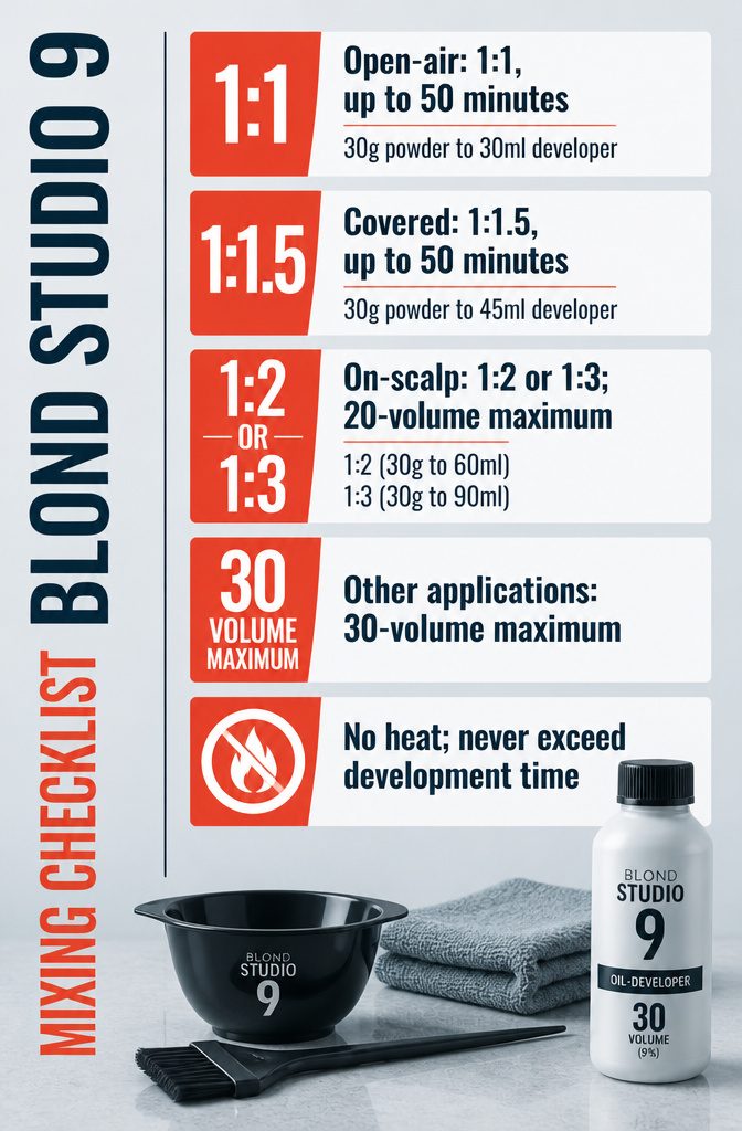 Blond Studio 9 checklist with mixing ratios and application methods