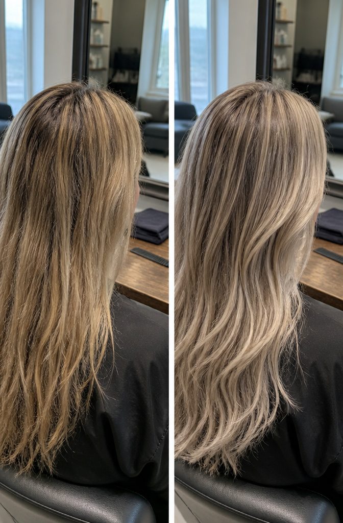 Cool blonde hair with silver ash and mushroom toned strands