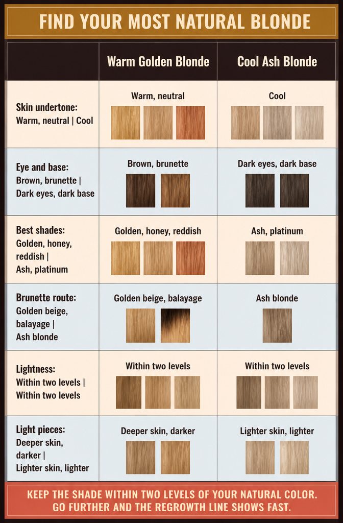 Blonde shade guide with skin tones eye colors and natural hair bases