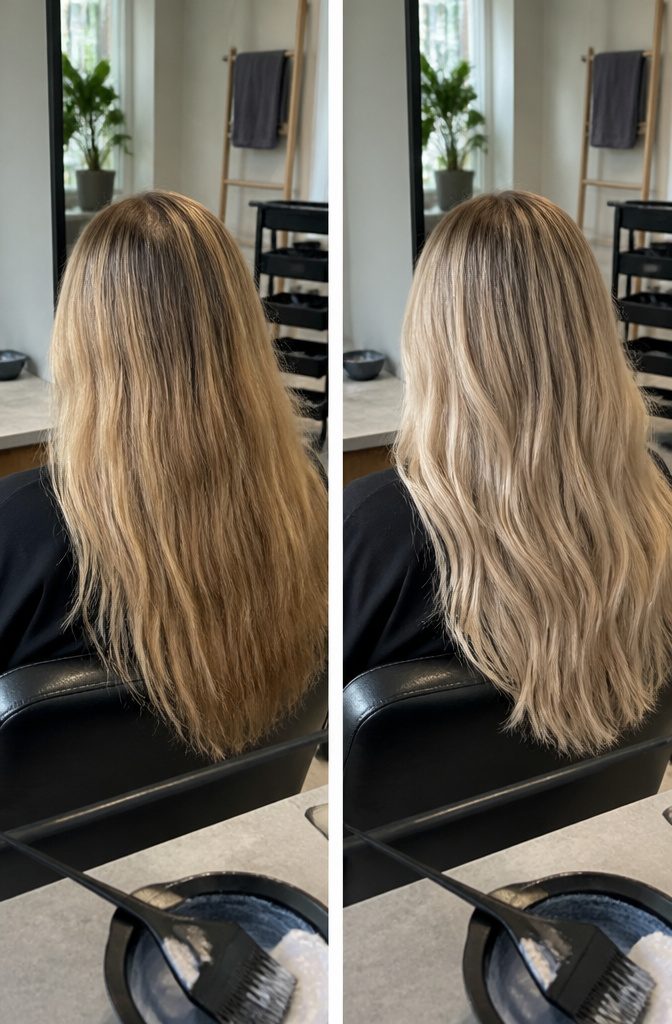 Light blonde hair with darker lowlights and softly melted color
