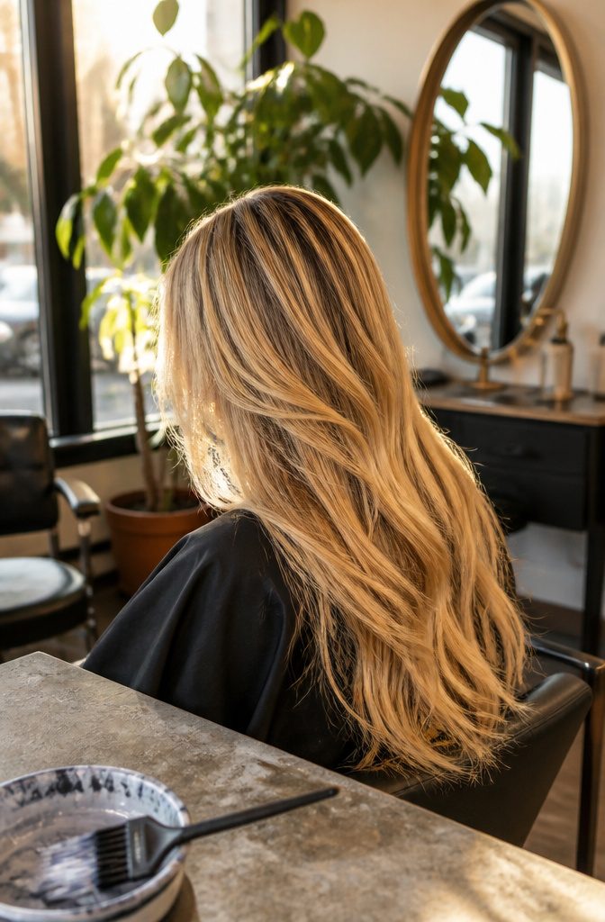 Golden blonde hair with butter strands honey ribbons and dark roots