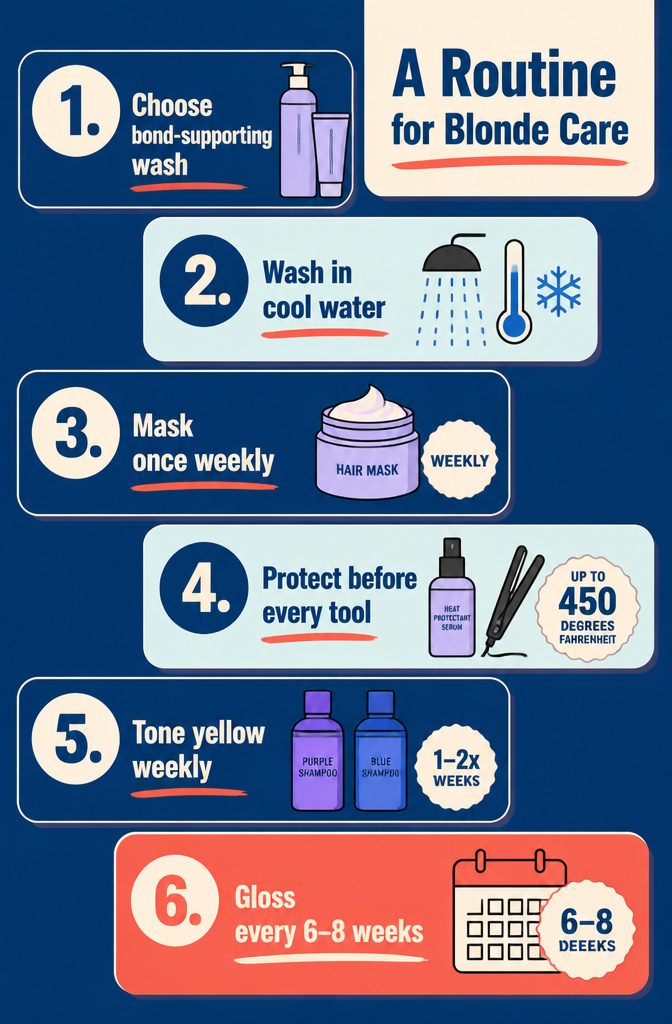 Blonde hair care guide with shampoo conditioner mask and heat protection