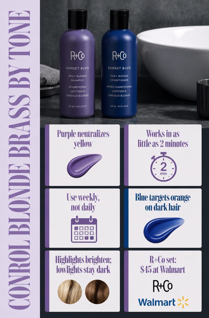 Blonde hair tone guide with purple and blue shampoo bottles