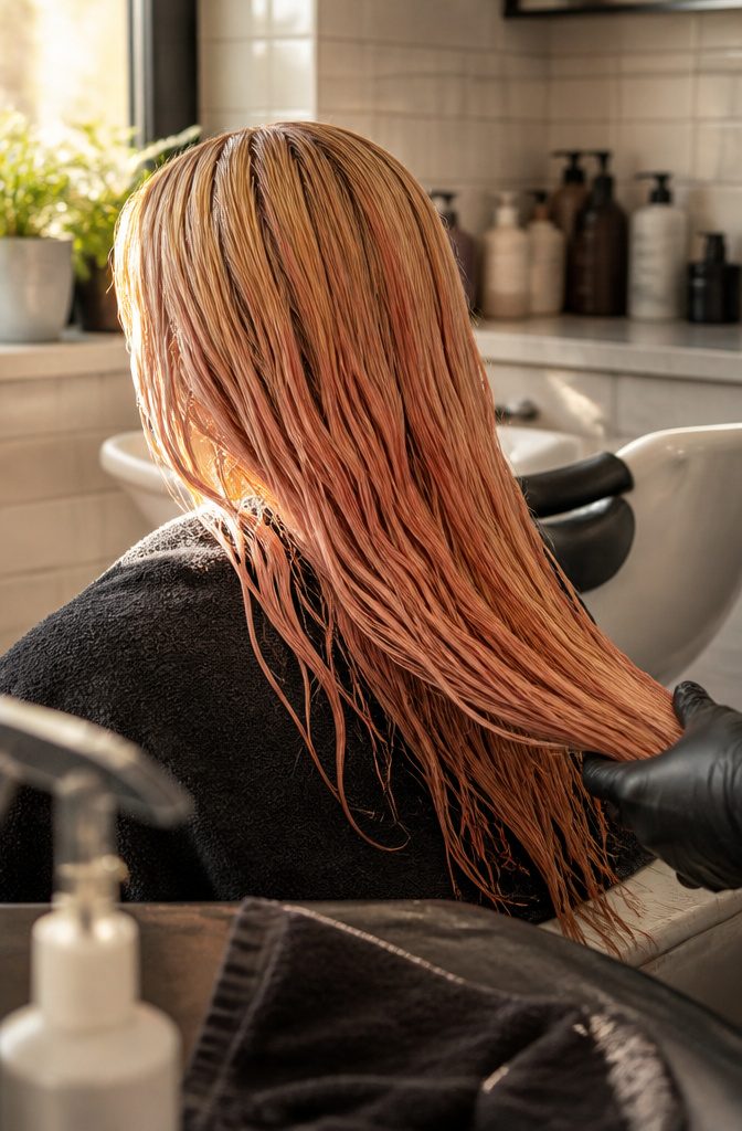 Warm blonde hair with strawberry rose copper and red tones