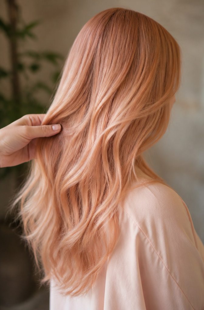 Light copper blonde hair with soft peach and apricot tones