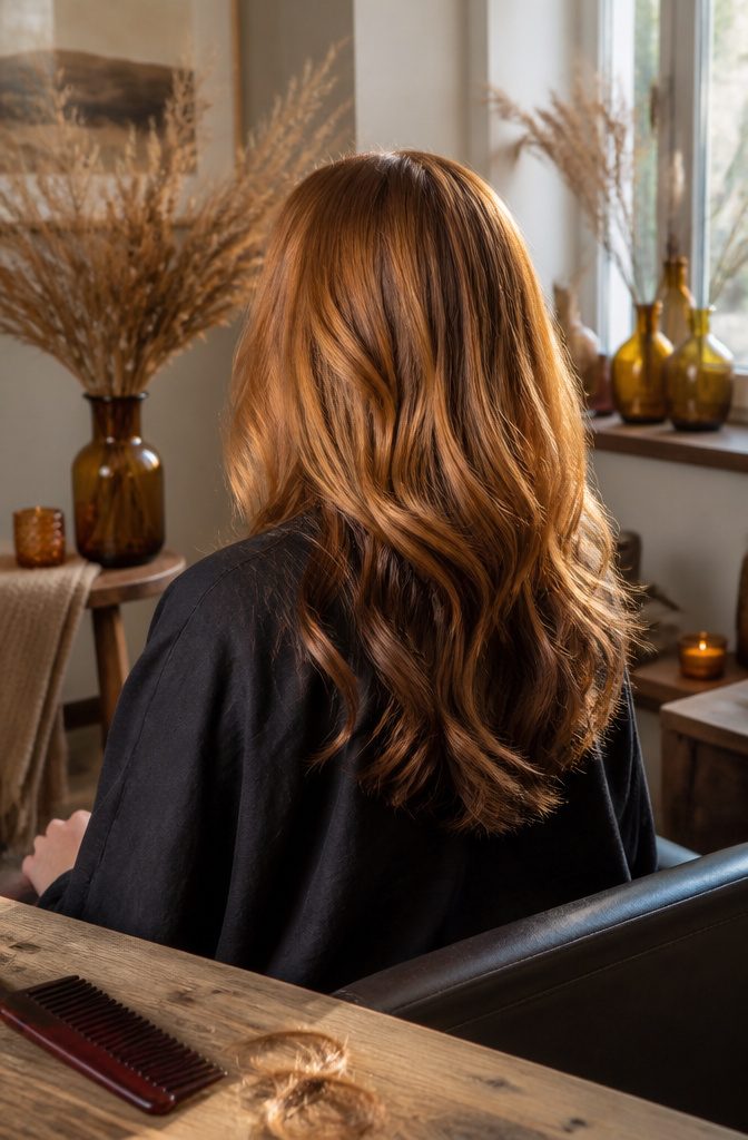 Layered copper blonde hair with darker warm brown lower sections