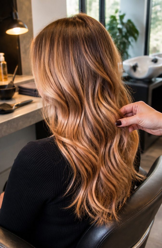 Balayage hair with copper blonde mid-lengths and ends and darker natural roots