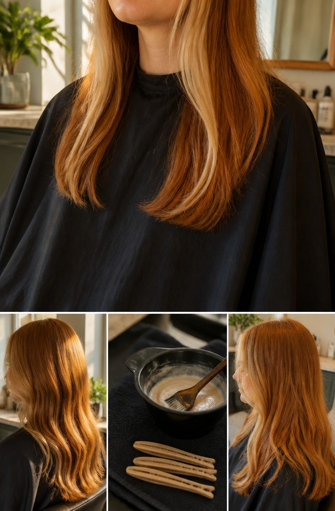 Copper hair with blonde pieces through the front layers beside the face