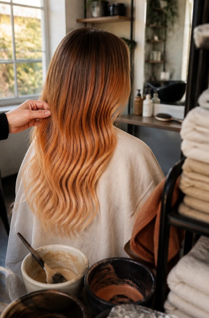 Hair with dark roots fading through copper lengths into red-blonde ends