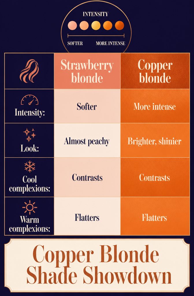 Shade comparison graphic for strawberry blonde and copper blonde hair