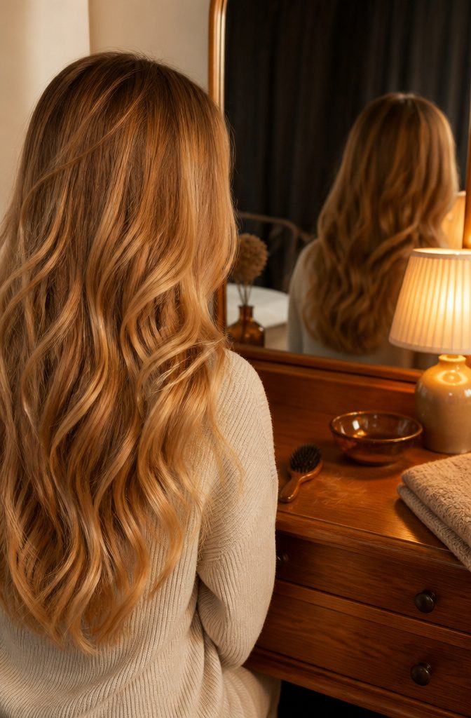 Honey copper blonde highlights over a darker natural hair base