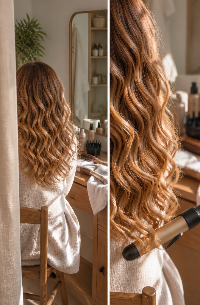 Wavy balayage hair with alternating light and deeper copper sections