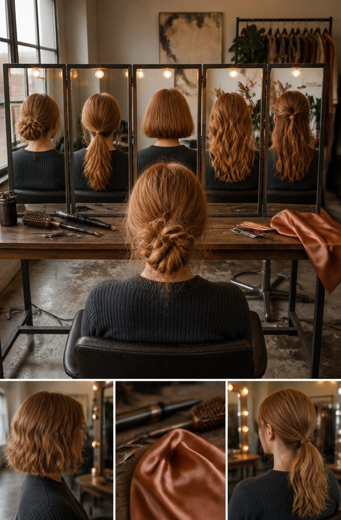 Five hairstyles including bun ponytail bob waves and half-up hair