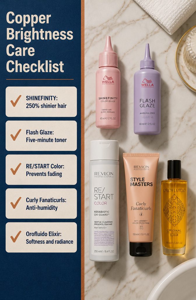 Copper hair care checklist with gloss shampoo styling product and finishing oil