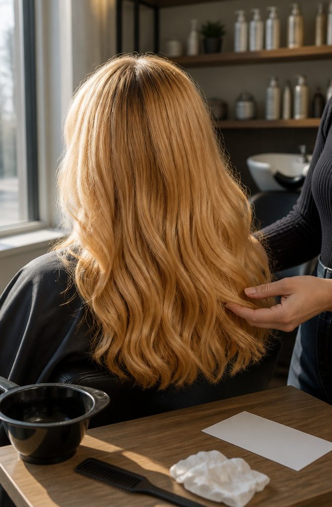 Light copper golden blonde hair with warm buttery blonde color