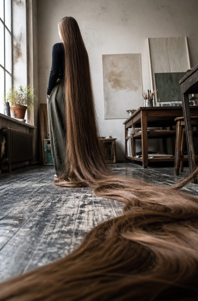 Aliia Nasyrova posing with her exceptionally long brown hair