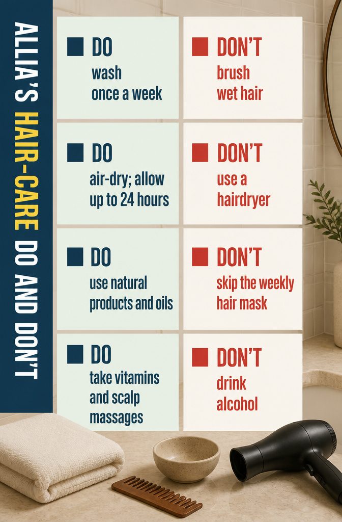 Information graphic listing Aliia Nasyrova hair care habits and routine