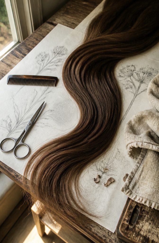 Long brown hair arranged across sketch-covered table with scissors and comb