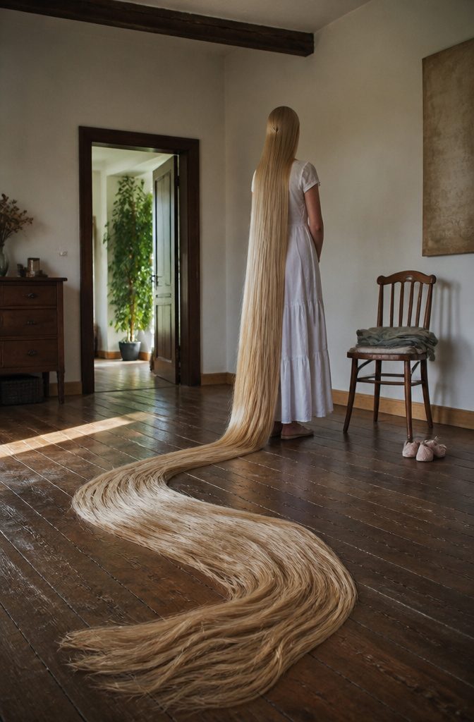 Aliia Nasyrova standing with long hair extending well above her height