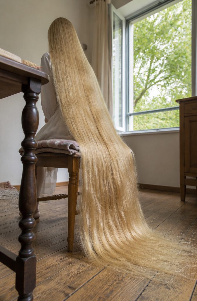 Olena Korzenyuk seated with long blonde hair reaching near floor