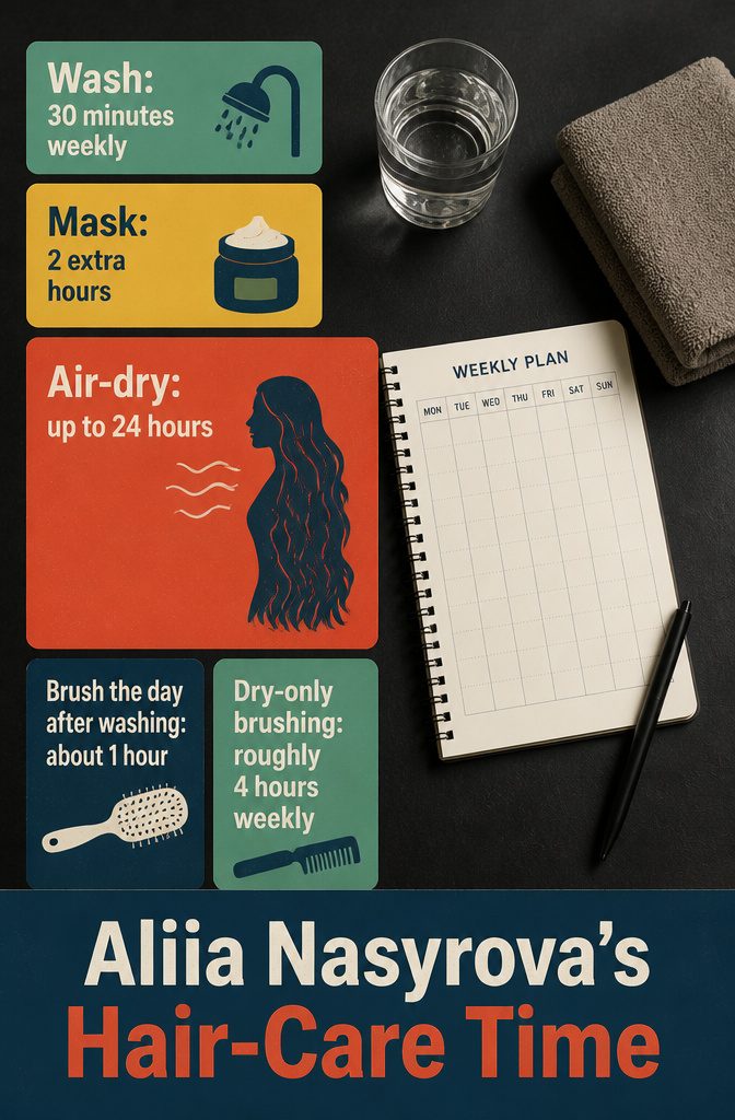 Information graphic showing Aliia Nasyrova weekly hair care time breakdown