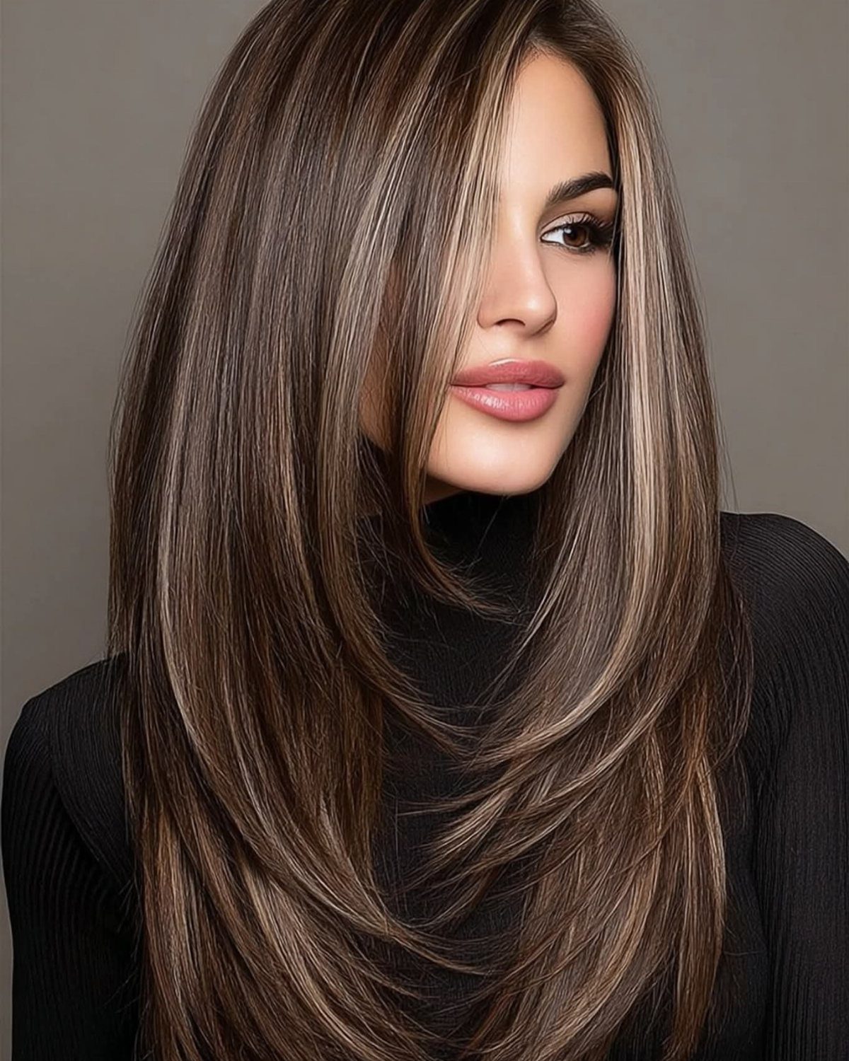 Woman with long brown hair and lighter caramel face-framing highlights