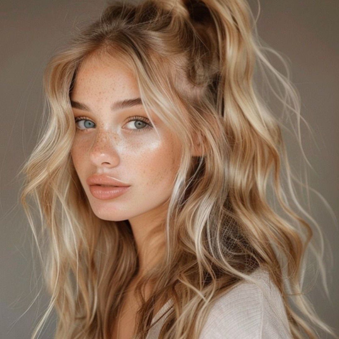 Woman with long wavy dirty blonde hair and warm golden highlights framing her face