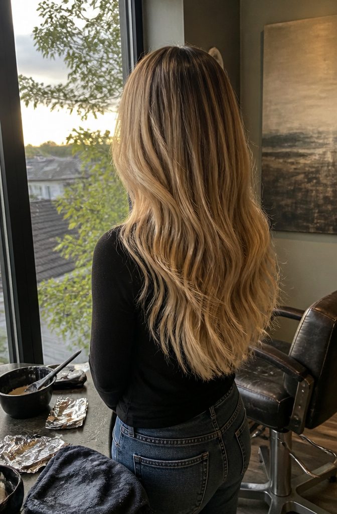 Dark blonde hair with blended roots lighter ends and face-framing highlights